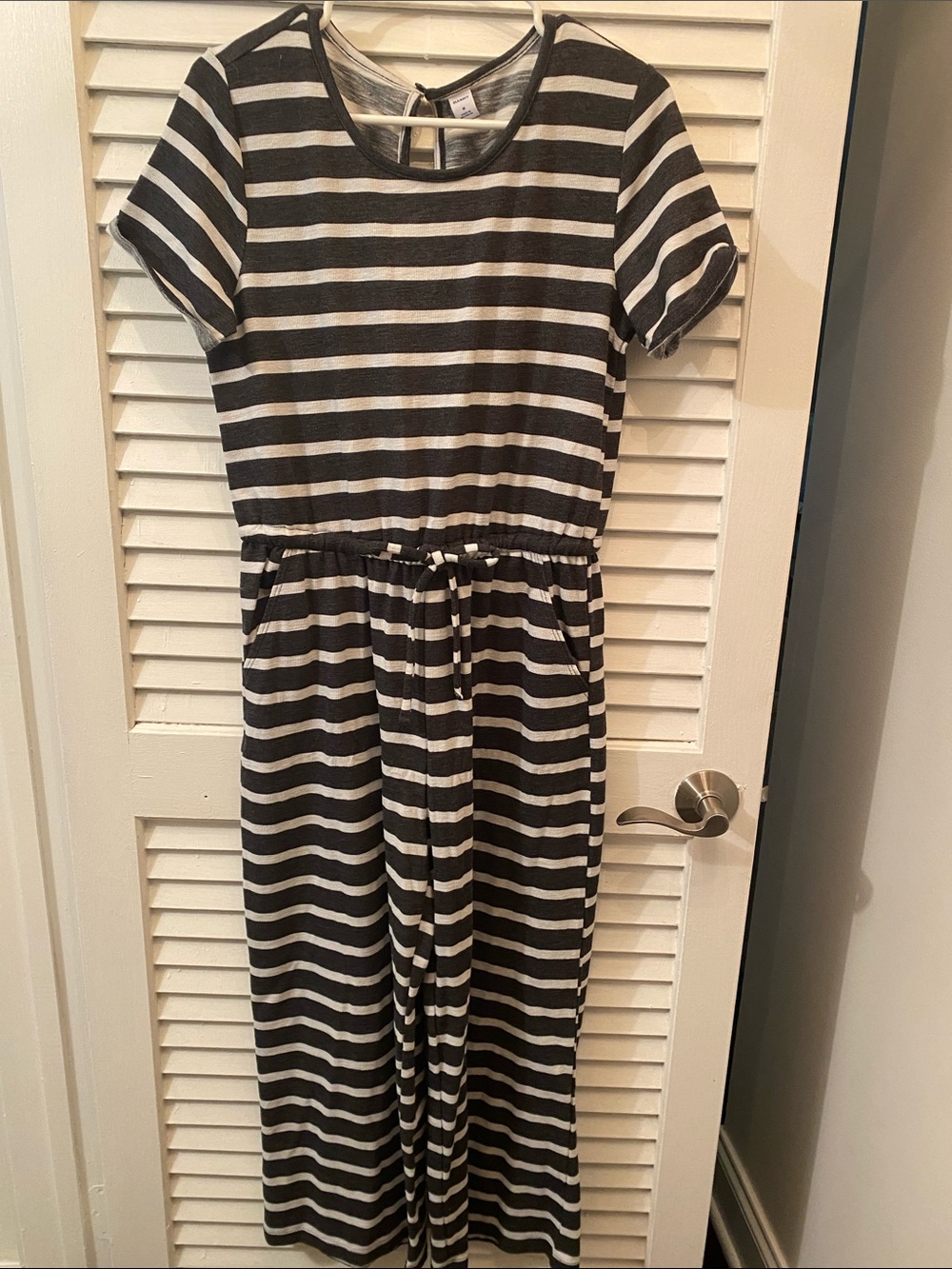 Old Navy Black and White Striped Short-Sleeve Jumpsuit